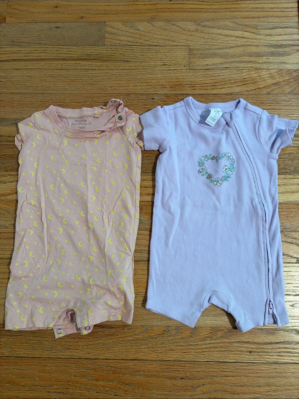 2 Baby Rompers - Pink with Gold Moon Print & Lavender Floral Heart